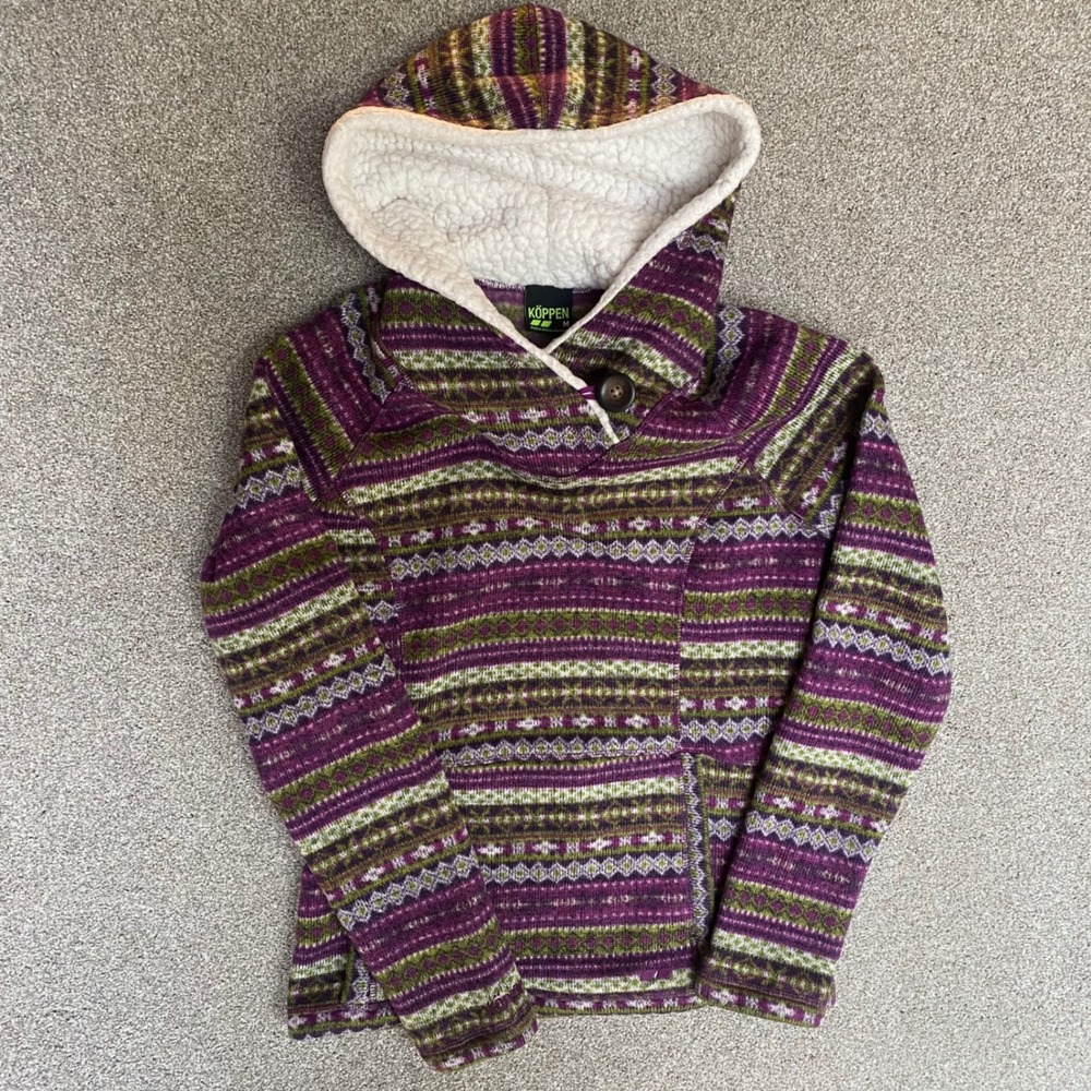 Koppen Fair Isle‎ Hoodie Womens Medium Purple Green Fleece Lined Sherpa Hood Exc